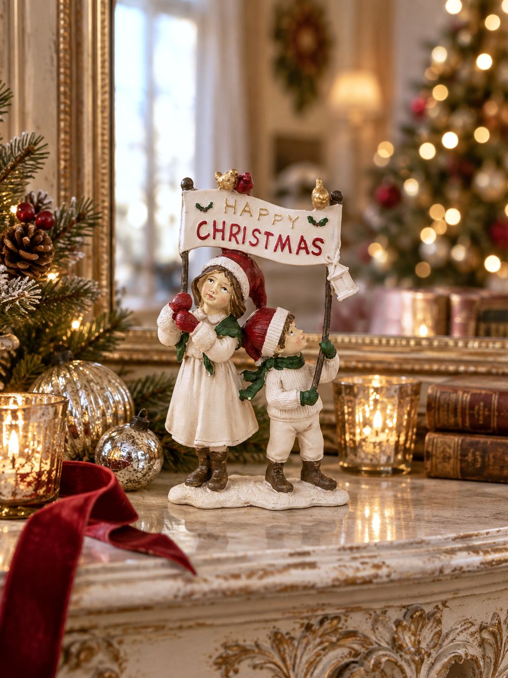 Figurine décorative de Noël représentant des enfants avec inscription Happy Christmas, tons doux et festifs, décoration de charme pour ambiance féérique hivernale