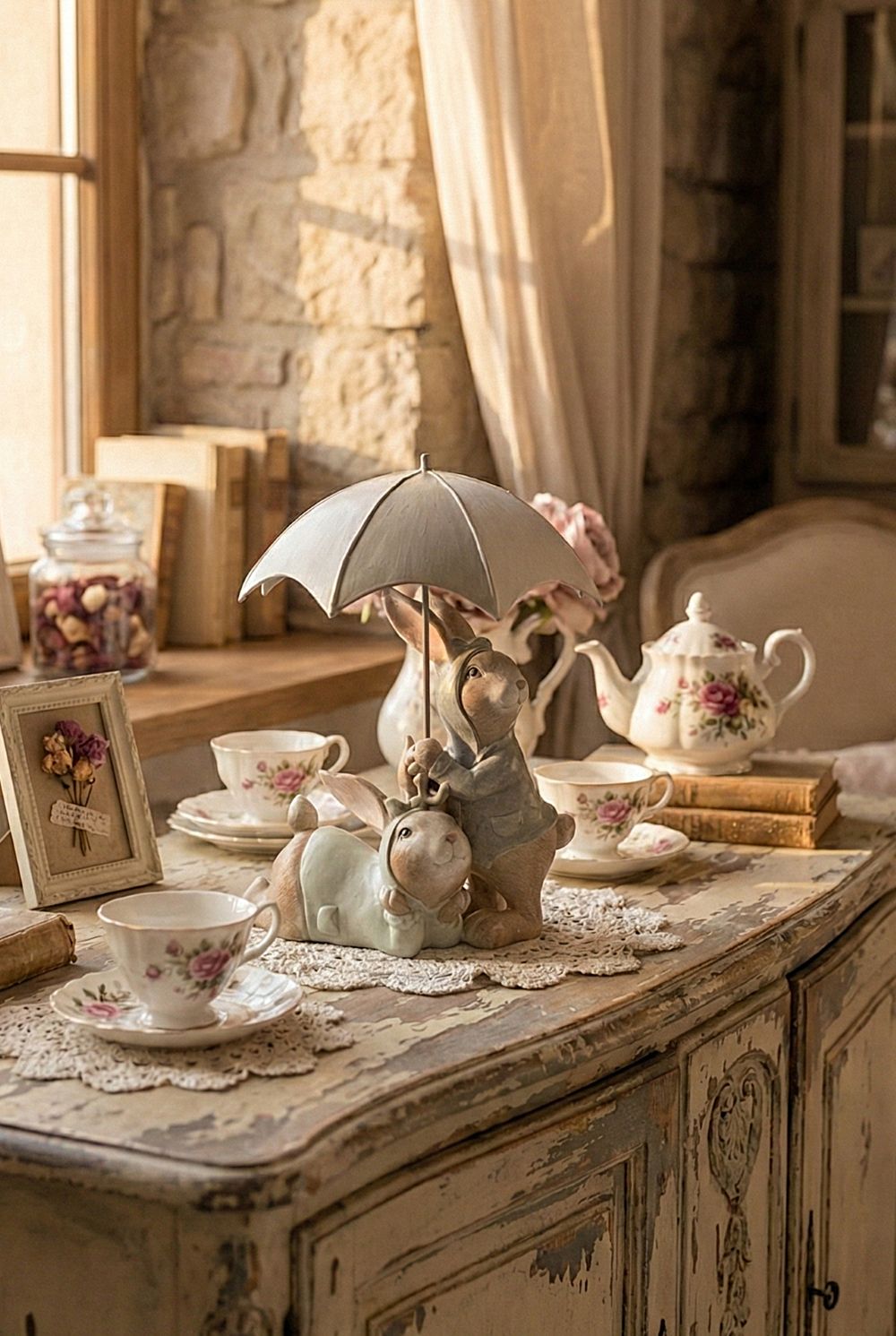 Figurine décorative de lapins sous un parapluie, tons blanc gris et beige, style shabby chic et romantique, ambiance poétique et féérique