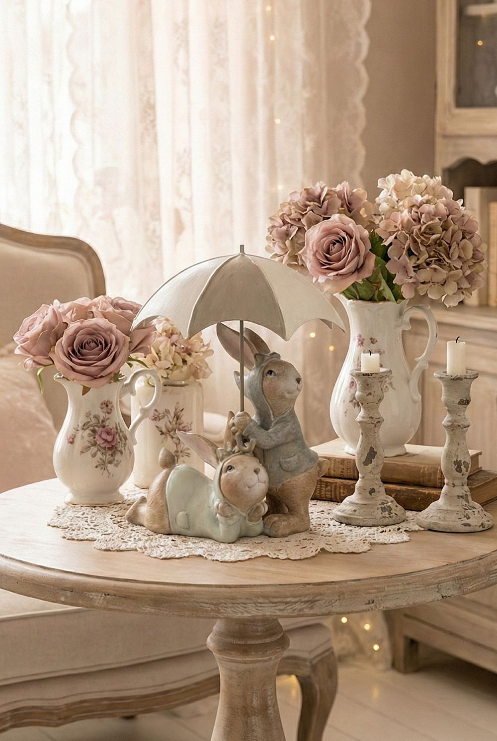 Figurine décorative de lapins sous un parapluie, tons blanc gris et beige, style shabby chic et romantique, ambiance poétique et féérique