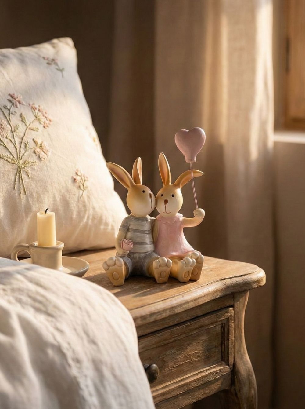 Figurine décorative duo de lapins enlacés avec ballon cœur rose, tons rose poudré et gris, style shabby chic romantique et féérique, ambiance décoration de charme.