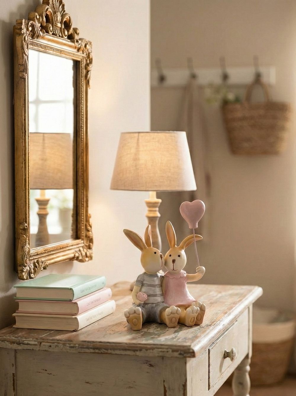 Figurine décorative duo de lapins enlacés avec ballon cœur rose, tons rose poudré et gris, style shabby chic romantique et féérique, ambiance décoration de charme.