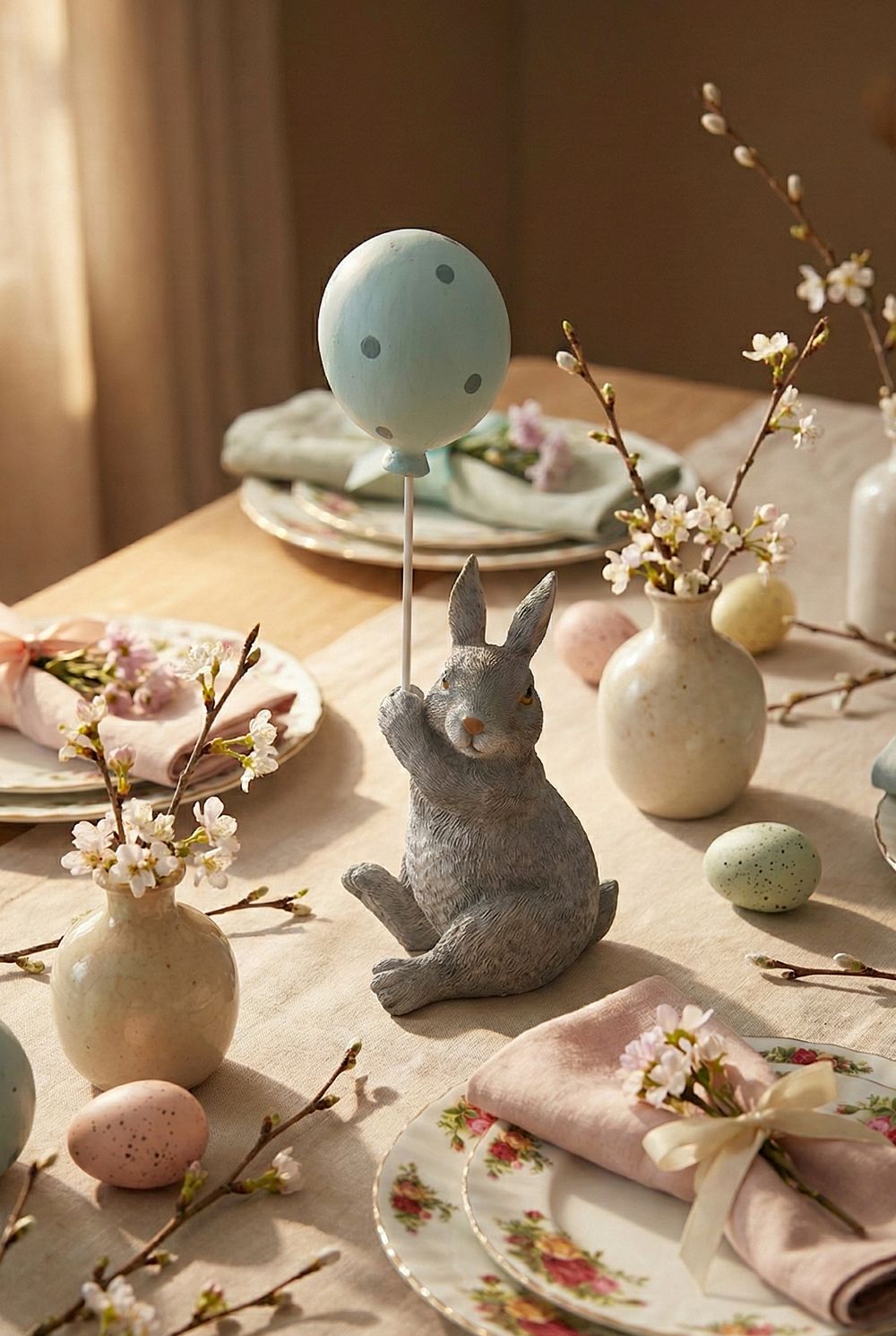 Figurine lapin au ballon vert menthe de 18 cm, décoration de Pâques romantique shabby chic, ambiance poétique et printanière