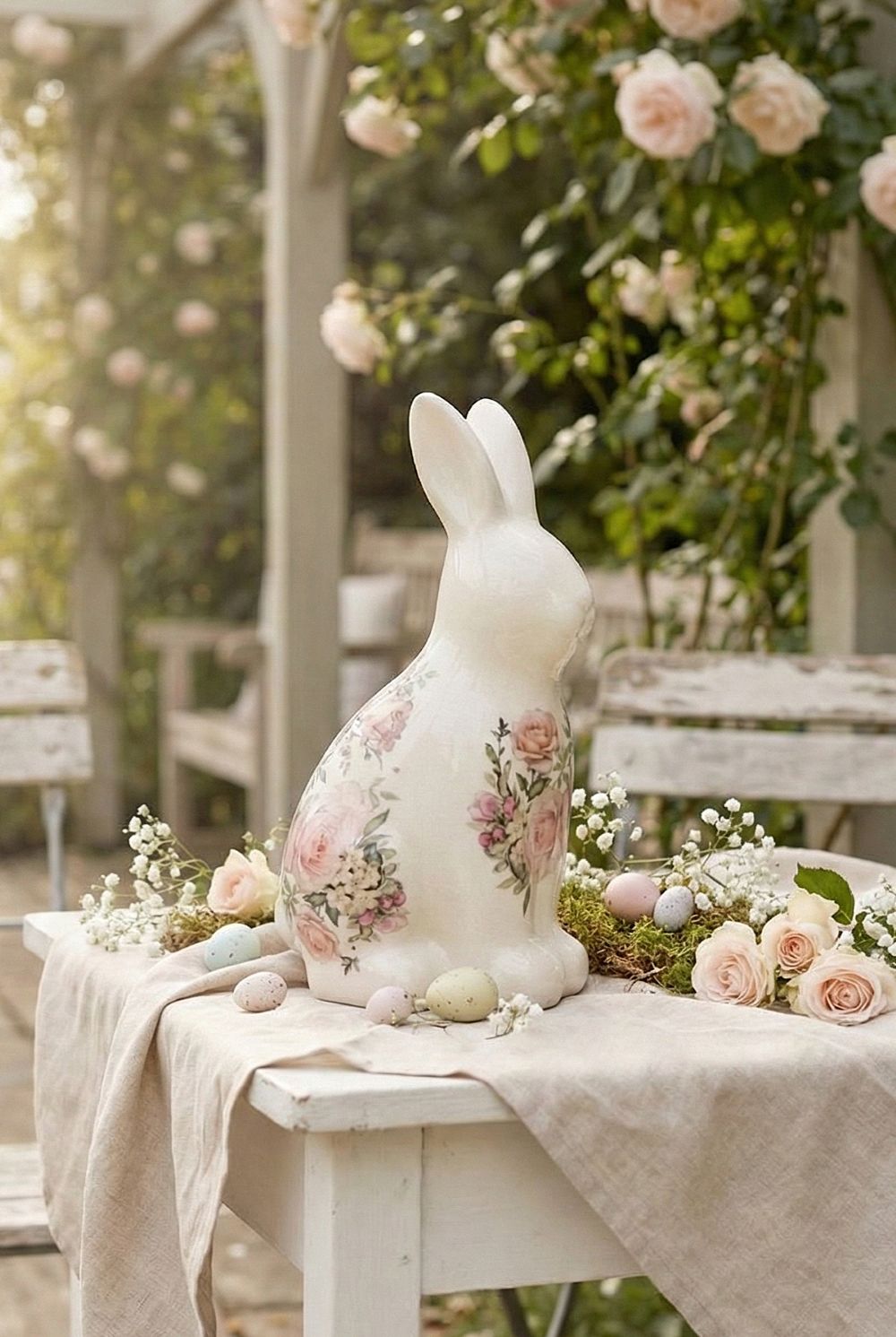 Figurine lapin fleuri shabby chic en tons beige et blanc, décoration de Pâques romantique et printanière, ambiance poétique de charme