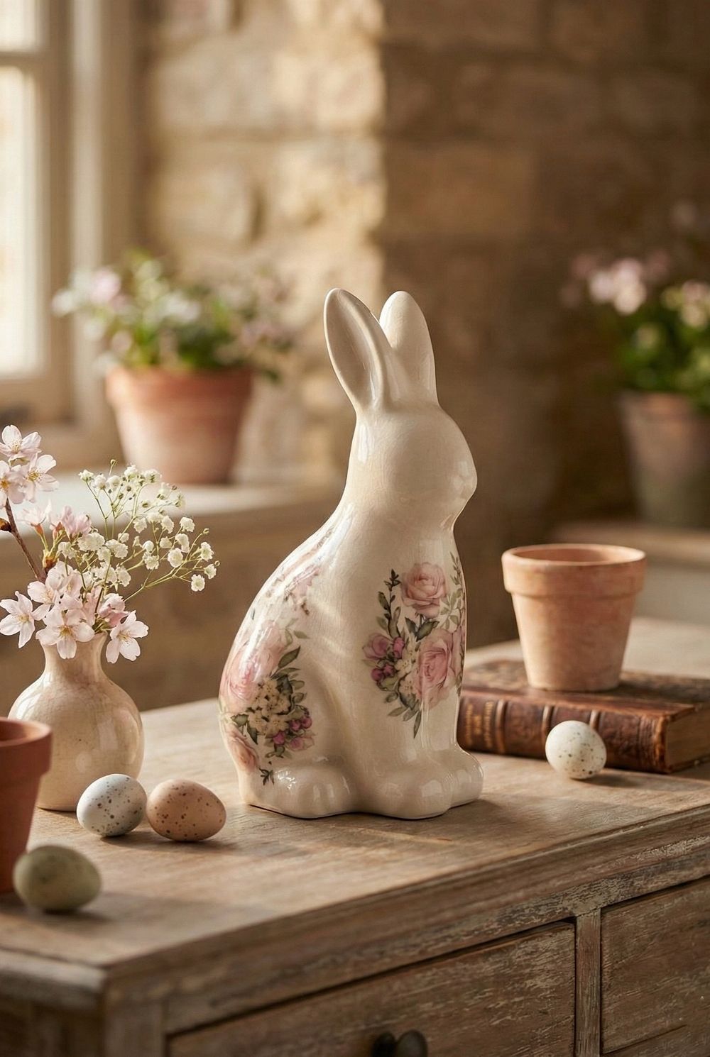 Figurine lapin fleuri shabby chic en tons beige et blanc, décoration de Pâques romantique et printanière, ambiance poétique de charme