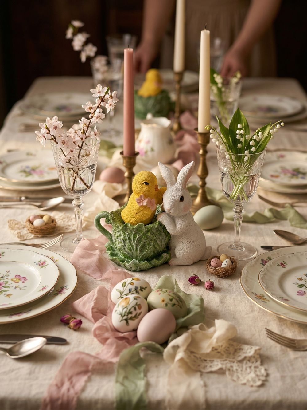 Figurine décorative lapin blanc et poussin jaune dans une coupe verte, ambiance de Pâques, style shabby chic romantique et décoration printanière de charme