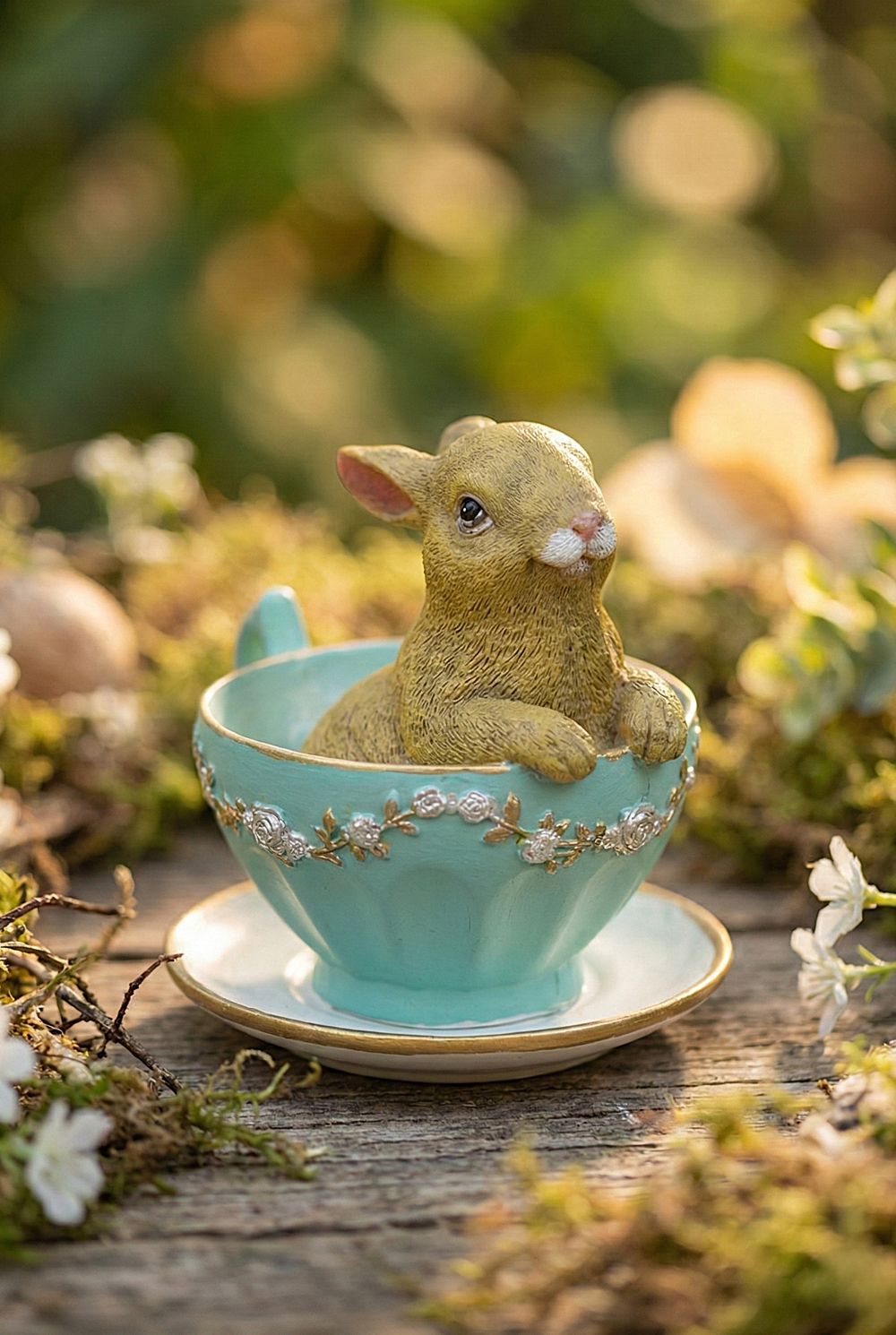 Figurine décorative lapin avec tasse style vintage shabby chic, tons doux beige et blanc, décoration romantique et poétique pour intérieur de charme
