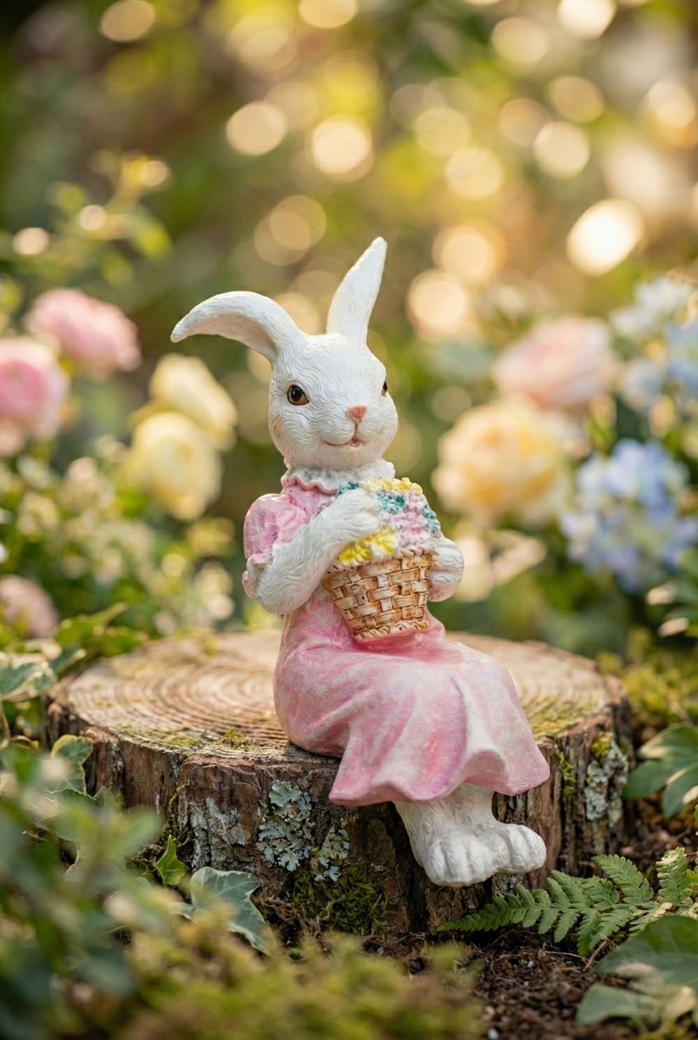 Figurine décorative Lapinette assise, style romantique et shabby chic, couleurs rose et blanc, ambiance poétique et printanière