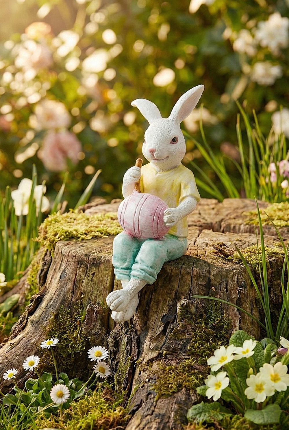 Figurine décorative Lapinou assis, style romantique et shabby chic, couleurs jaune et vert, ambiance poétique et printanière