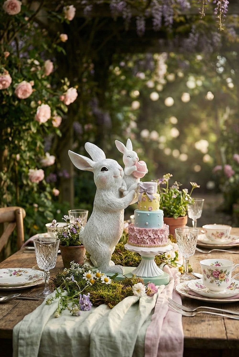 Figurine décorative représentant une maman lapin et son bébé, tons blanc rose et vert d’eau, ambiance shabby chic romantique et poétique, décoration de Pâques pleine de tendresse.