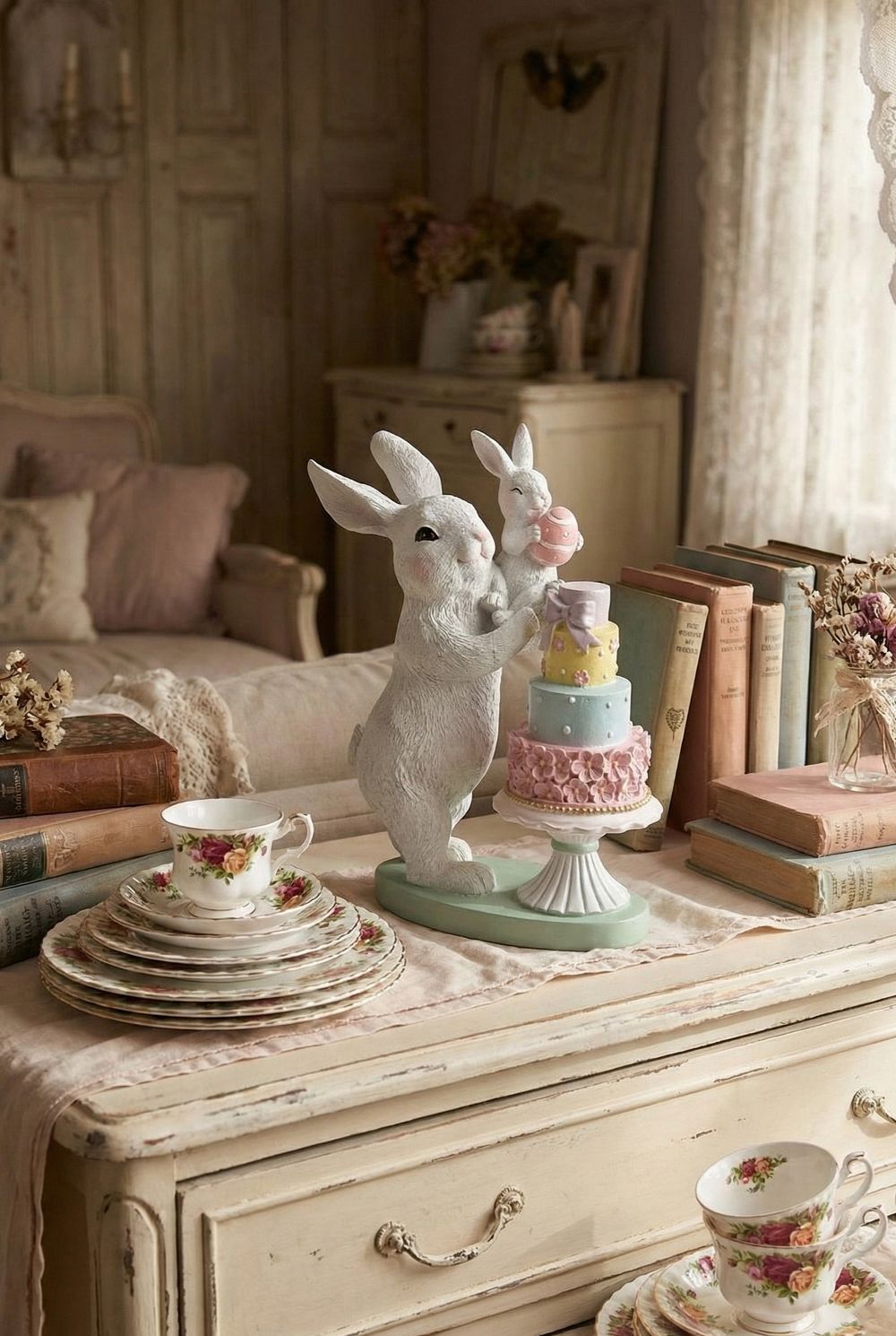 Figurine décorative représentant une maman lapin et son bébé, tons blanc rose et vert d’eau, ambiance shabby chic romantique et poétique, décoration de Pâques pleine de tendresse.