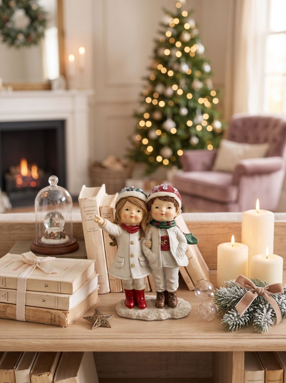 Figurine de Noël représentant deux enfants enlacés en tenue d’hiver, dans des tons blanc cassé, rouge et vert, idéale pour une décoration de Noël romantique et poétique