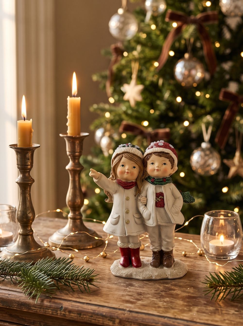 Figurine de Noël représentant deux enfants enlacés en tenue d’hiver, dans des tons blanc cassé, rouge et vert, idéale pour une décoration de Noël romantique et poétique
