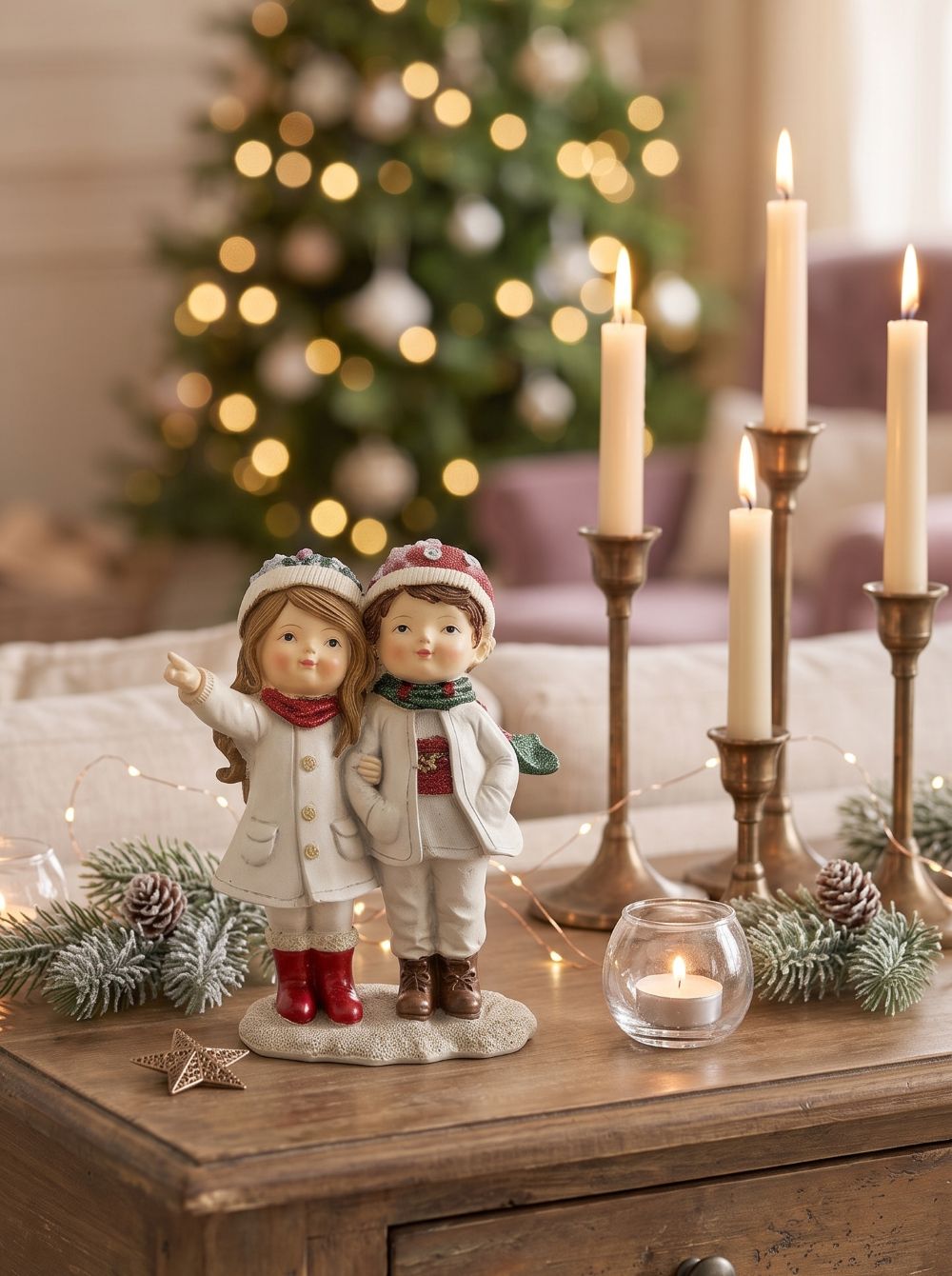 Figurine de Noël représentant deux enfants enlacés en tenue d’hiver, dans des tons blanc cassé, rouge et vert, idéale pour une décoration de Noël romantique et poétique