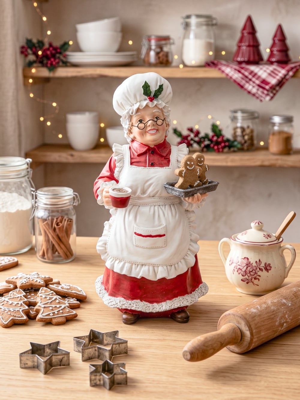 Figurine décorative de 30 cm représentant la Mère Noël en tenue de pâtissière rouge et blanche, tenant une tasse et un biscuit pain d’épices, style vintage et féérique