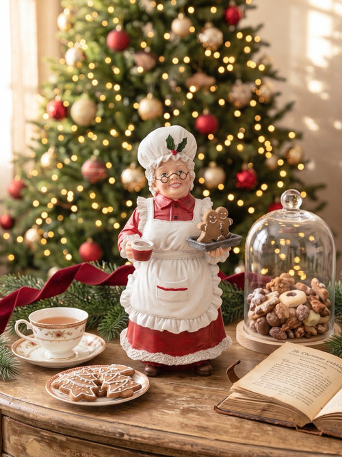 Figurine décorative de 30 cm représentant la Mère Noël en tenue de pâtissière rouge et blanche, tenant une tasse et un biscuit pain d’épices, style vintage et féérique