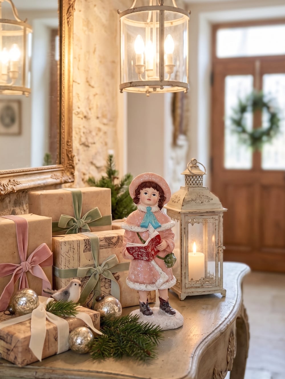 Figurine de Noël représentant une petite chanteuse en manteau rose et bonnet assorti, dans un style victorien romantique, sur fond de décoration shabby chic