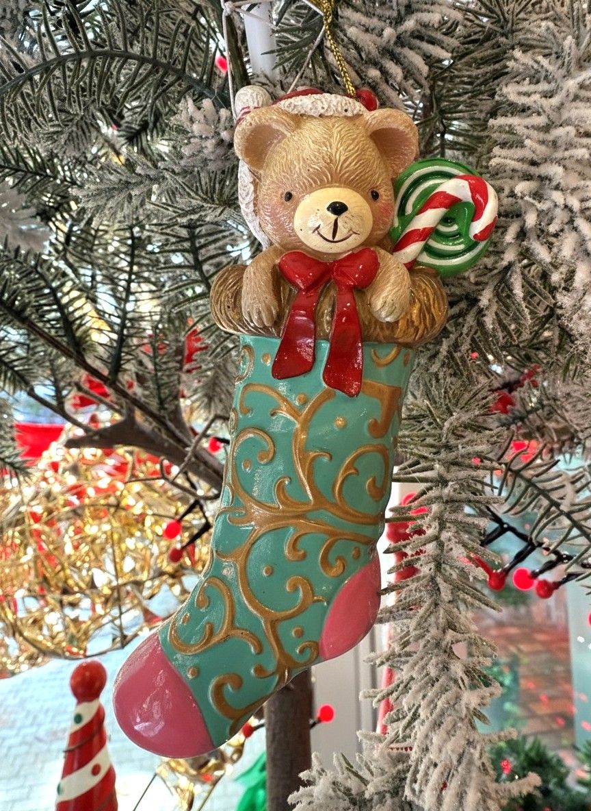 Figurine chaussette de Noël avec ourson turquoise et rose, décor doré à suspendre, style shabby chic et féérique