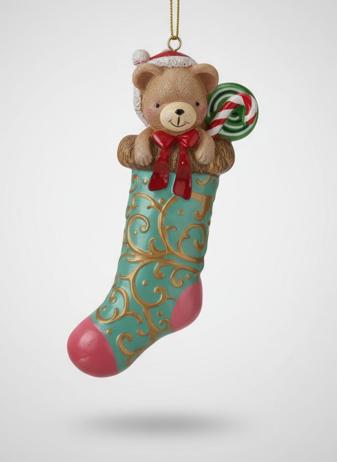 Figurine chaussette de Noël avec ourson turquoise et rose, décor doré à suspendre, style shabby chic et féérique