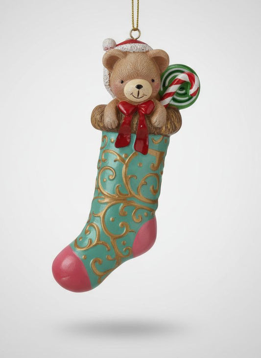 Figurine chaussette de Noël avec ourson turquoise et rose, décor doré à suspendre, style shabby chic et féérique