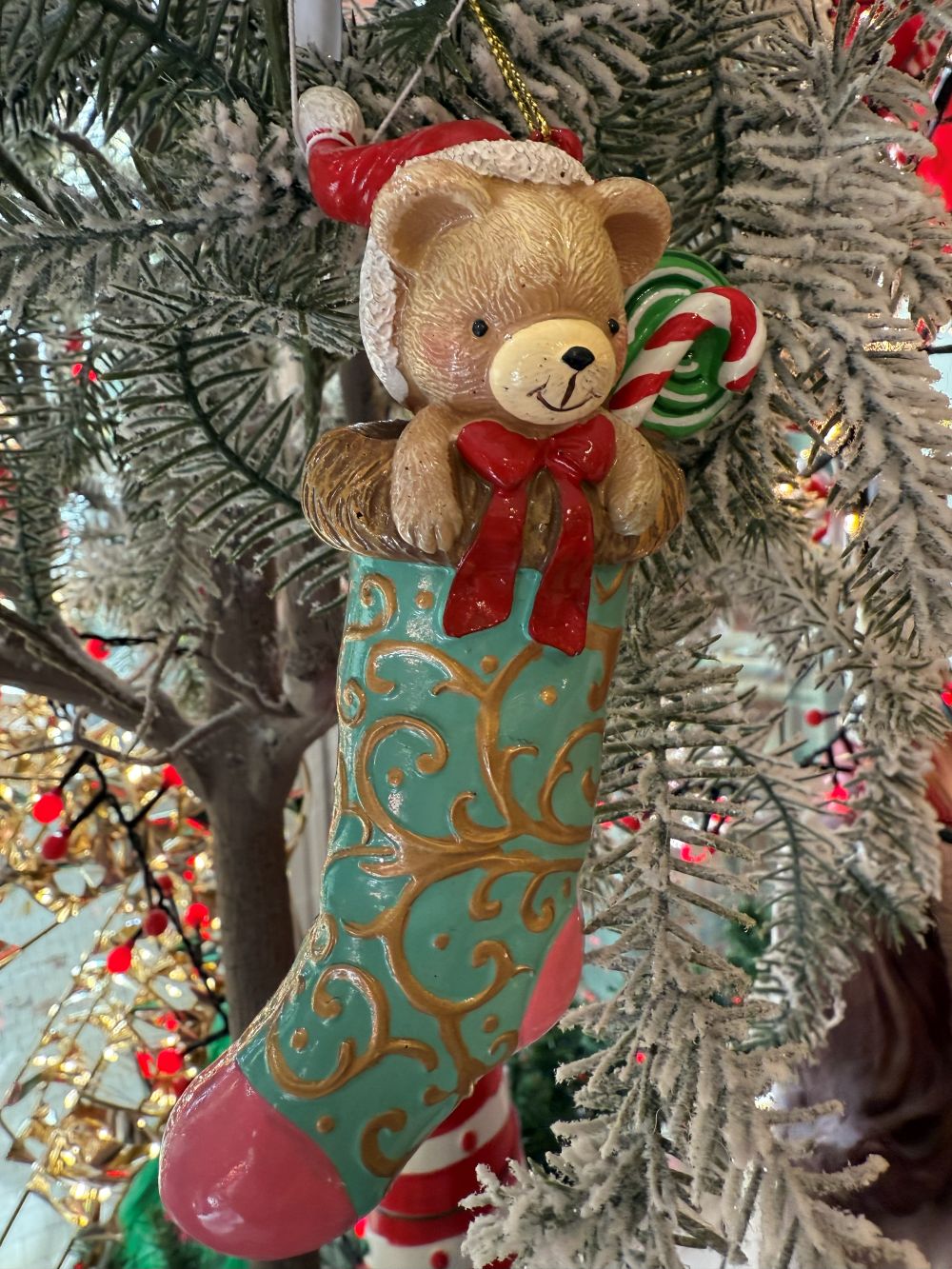 Figurine chaussette de Noël avec ourson turquoise et rose, décor doré à suspendre, style shabby chic et féérique