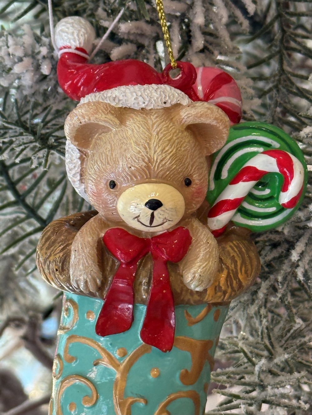 Figurine chaussette de Noël avec ourson turquoise et rose, décor doré à suspendre, style shabby chic et féérique