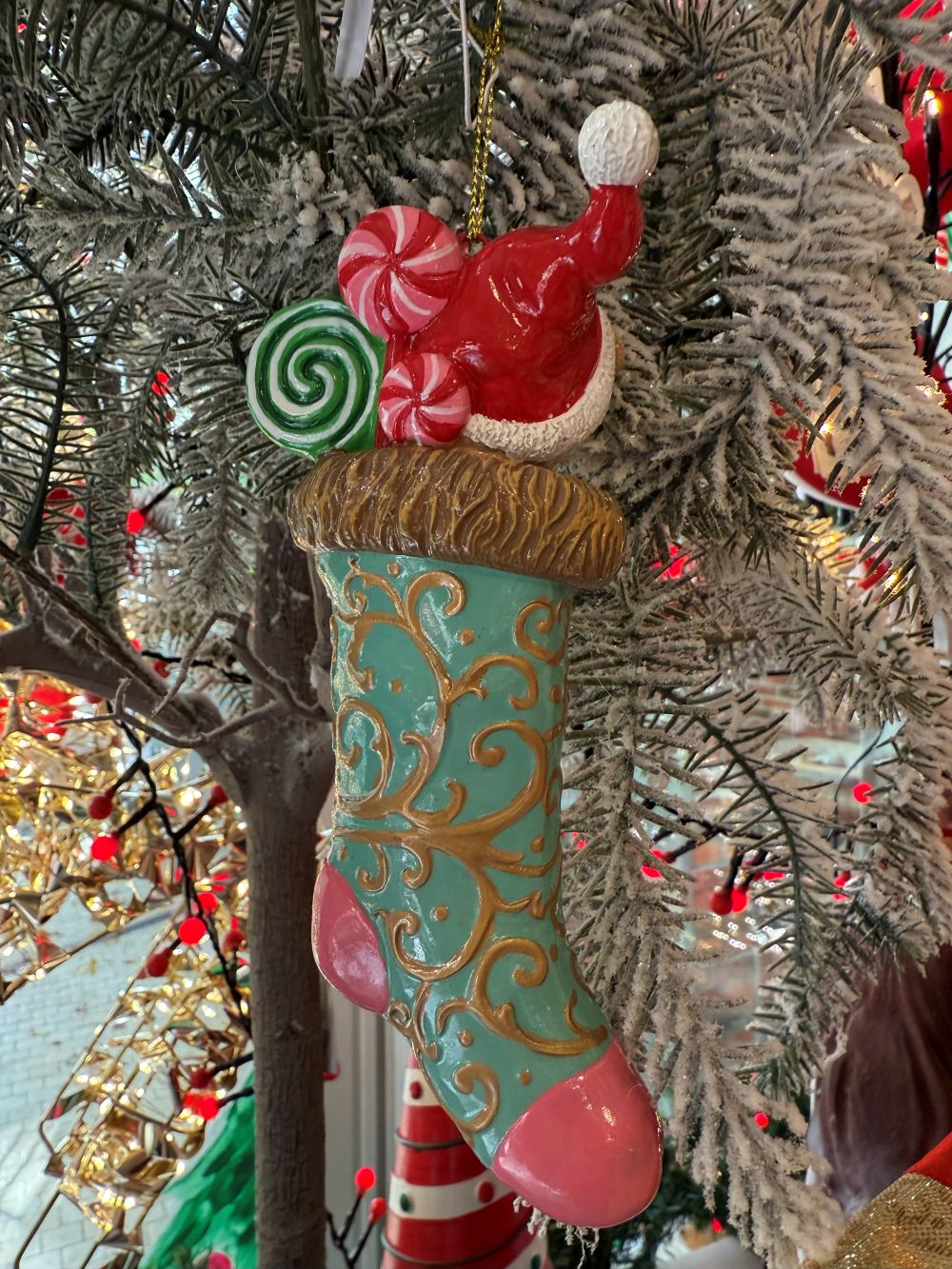 Figurine chaussette de Noël avec ourson turquoise et rose, décor doré à suspendre, style shabby chic et féérique