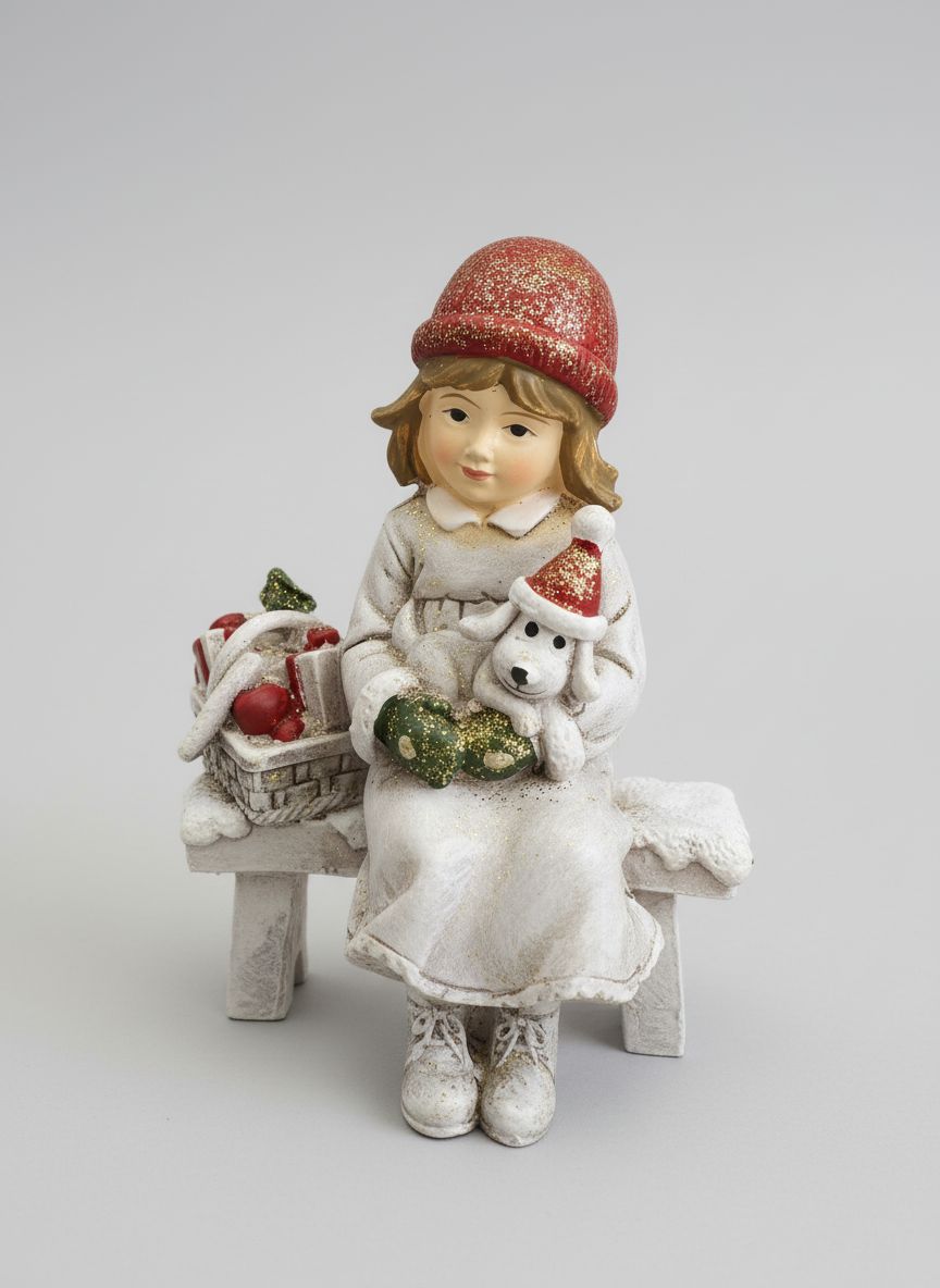 Figurine de Noël représentant une fillette assise sur un banc avec son petit chien blanc et un panier de cadeaux, couleurs blanc rouge et beige, style décoration romantique shabby chic et ambiance féérique