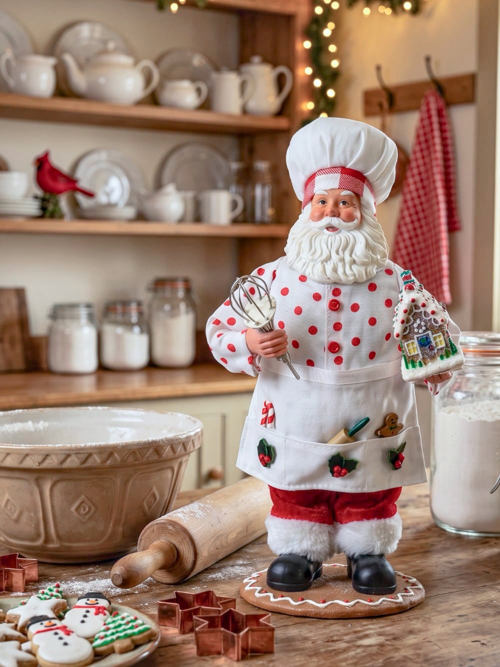 Figurine Père Noël Pâtissier 28 cm en rouge et blanc, tenant un fouet et une maison en pain d’épices, style shabby chic et féérique pour décoration de Noël