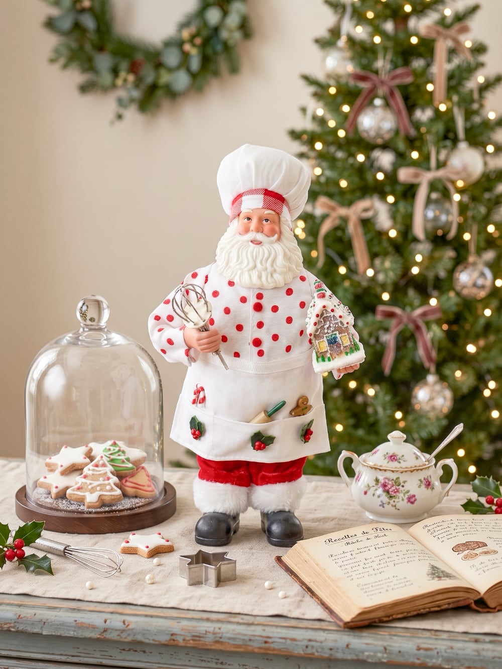 Figurine Père Noël Pâtissier 28 cm en rouge et blanc, tenant un fouet et une maison en pain d’épices, style shabby chic et féérique pour décoration de Noël