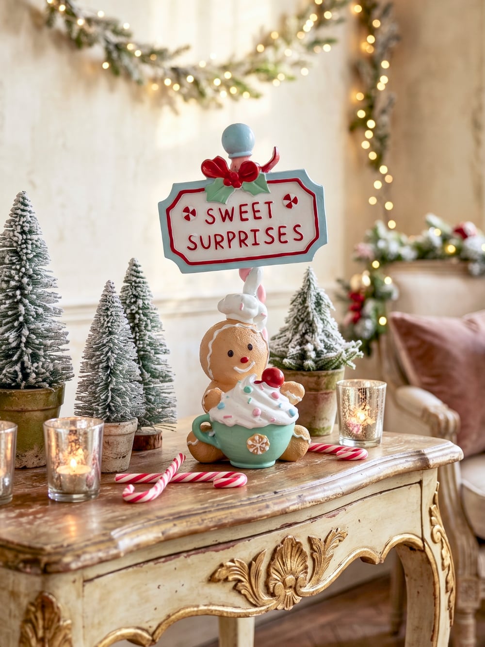 Figurine de Noël Sweet Surprise avec personnage biscuit, cupcake, enseigne rétro, teintes caramel, bleu pastel et rouge dans une ambiance gourmande et féérique