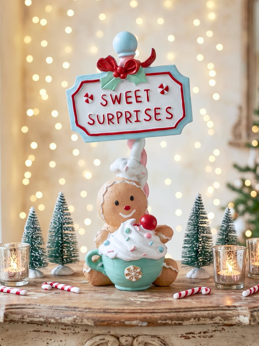 Figurine de Noël Sweet Surprise avec personnage biscuit, cupcake, enseigne rétro, teintes caramel, bleu pastel et rouge dans une ambiance gourmande et féérique