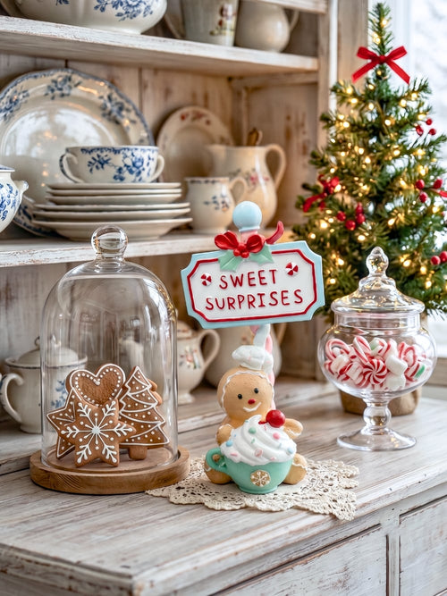 Figurine de Noël Sweet Surprise avec personnage biscuit, cupcake, enseigne rétro, teintes caramel, bleu pastel et rouge dans une ambiance gourmande et féérique