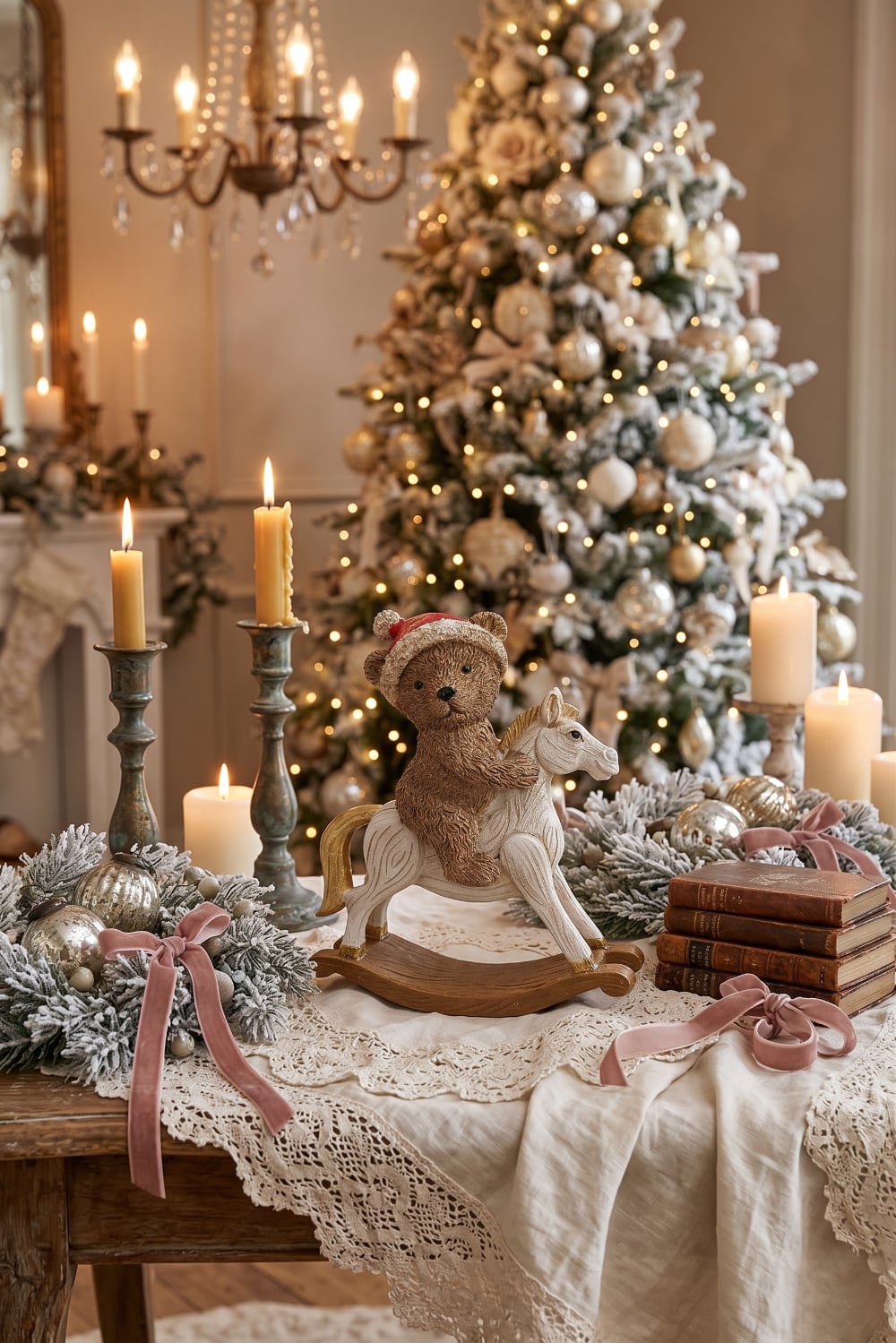Figurine décorative ourson cavalier de Noël sur cheval à bascule, tons blanc patiné brun et rouge, style romantique shabby chic et ambiance féérique