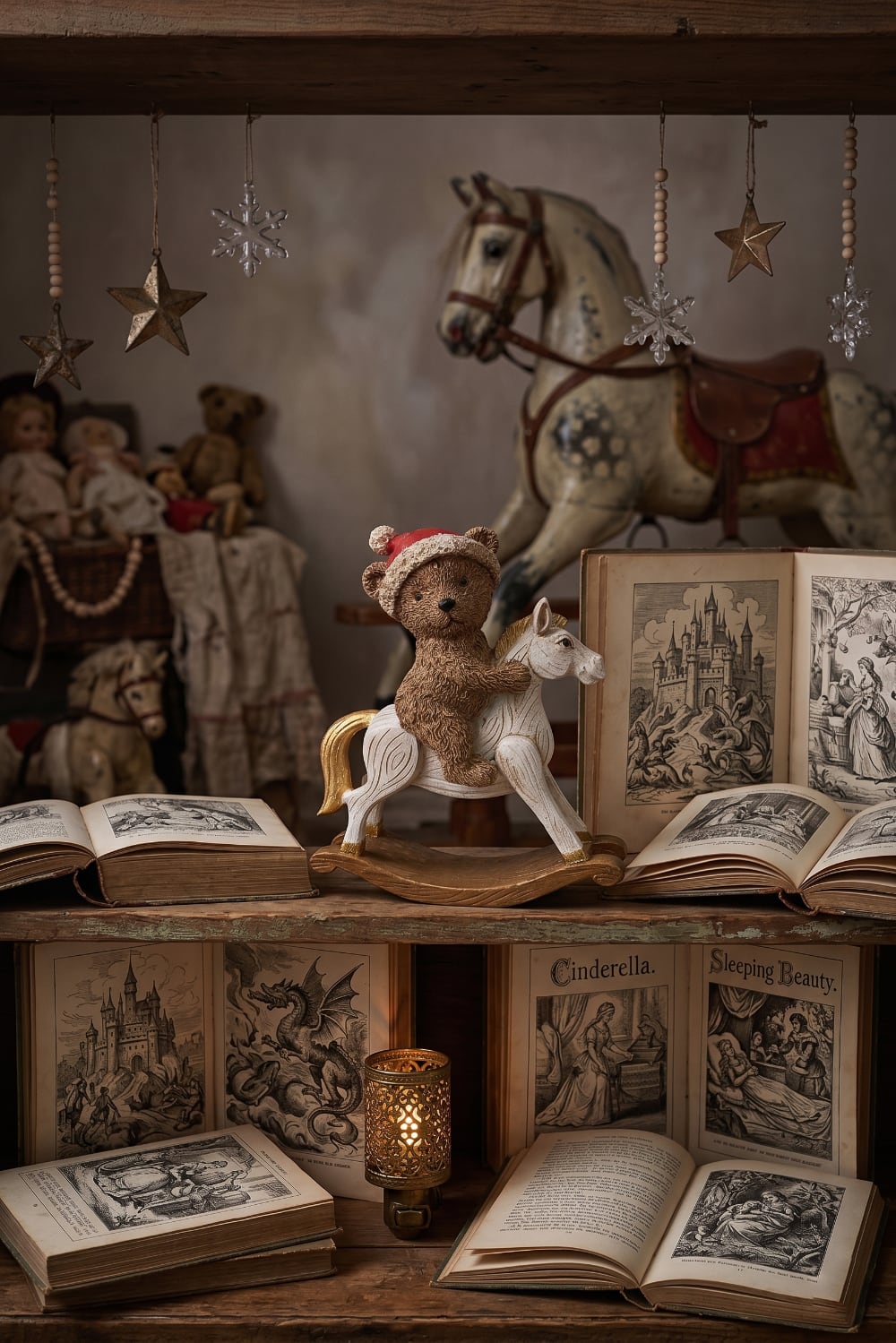Figurine décorative ourson cavalier de Noël sur cheval à bascule, tons blanc patiné brun et rouge, style romantique shabby chic et ambiance féérique