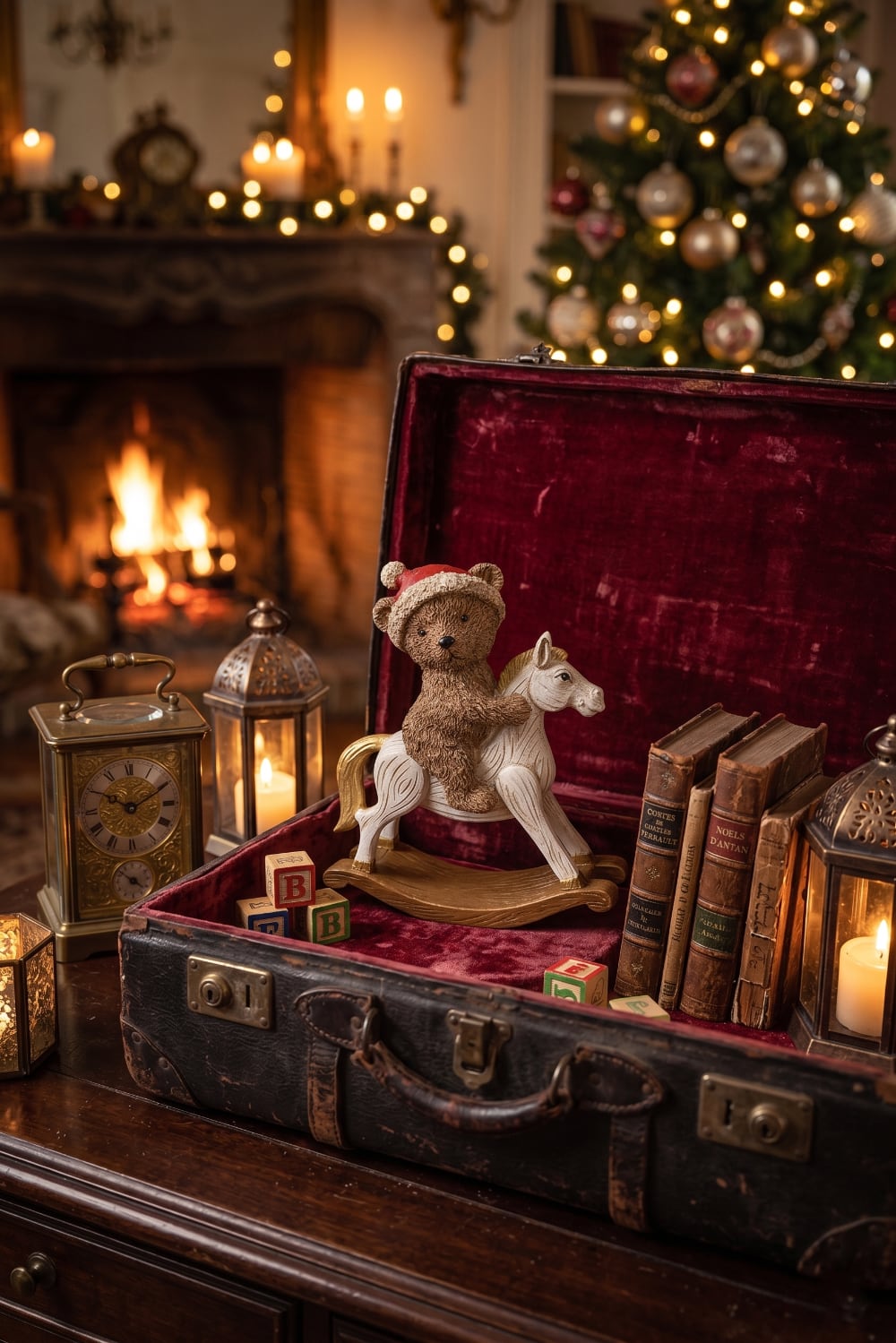 Figurine décorative ourson cavalier de Noël sur cheval à bascule, tons blanc patiné brun et rouge, style romantique shabby chic et ambiance féérique