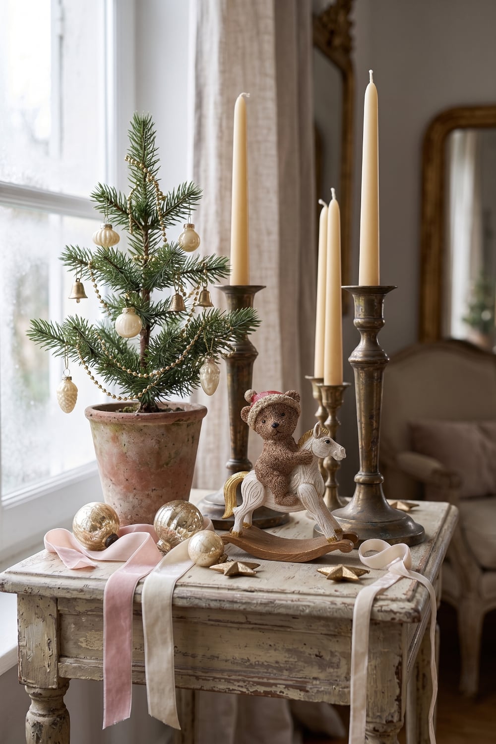 Figurine décorative ourson cavalier de Noël sur cheval à bascule, tons blanc patiné brun et rouge, style romantique shabby chic et ambiance féérique