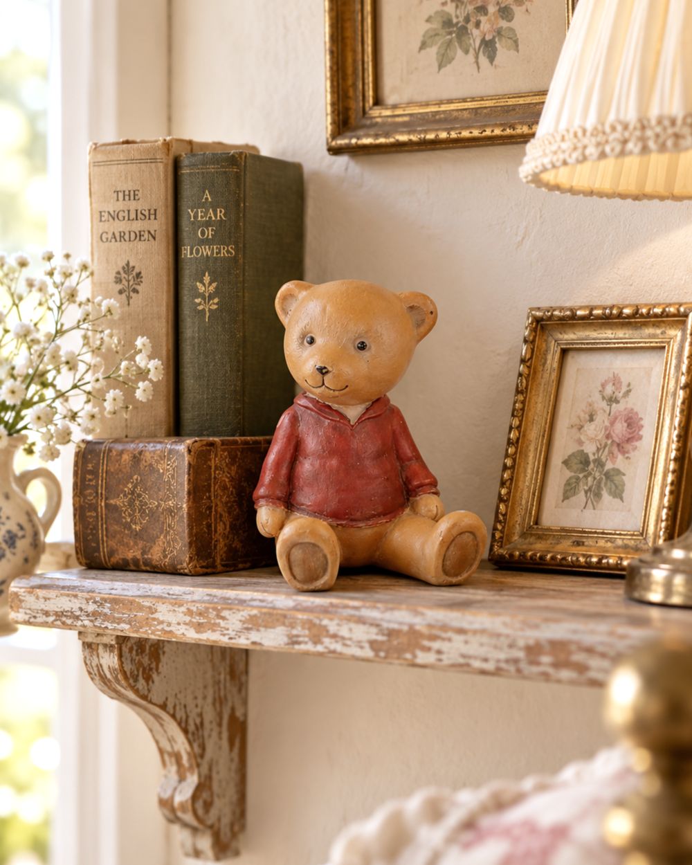Petite figurine décorative ourson beige et caramel avec pull rouge, style shabby chic et poétique pour étagère ou décoration de charme