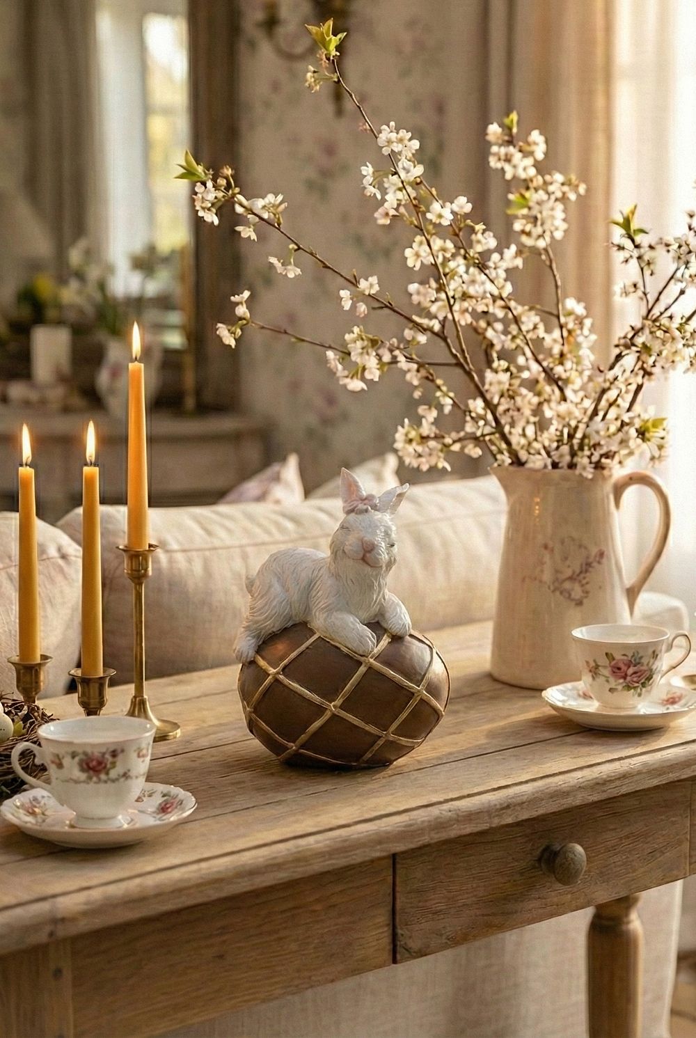 Figurine de Pâques lapinette avec œuf chocolat doré, décoration poétique et féérique, tons dorés et chocolat, ambiance de charme printanière