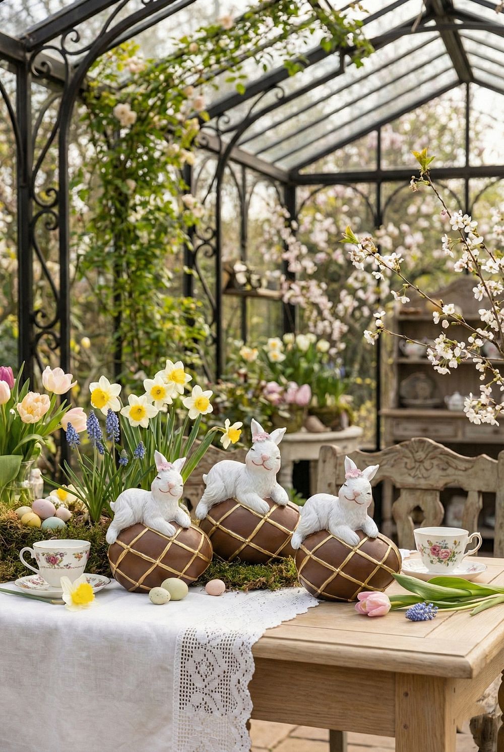 Figurine de Pâques lapinette avec œuf chocolat doré, décoration poétique et féérique, tons dorés et chocolat, ambiance de charme printanière