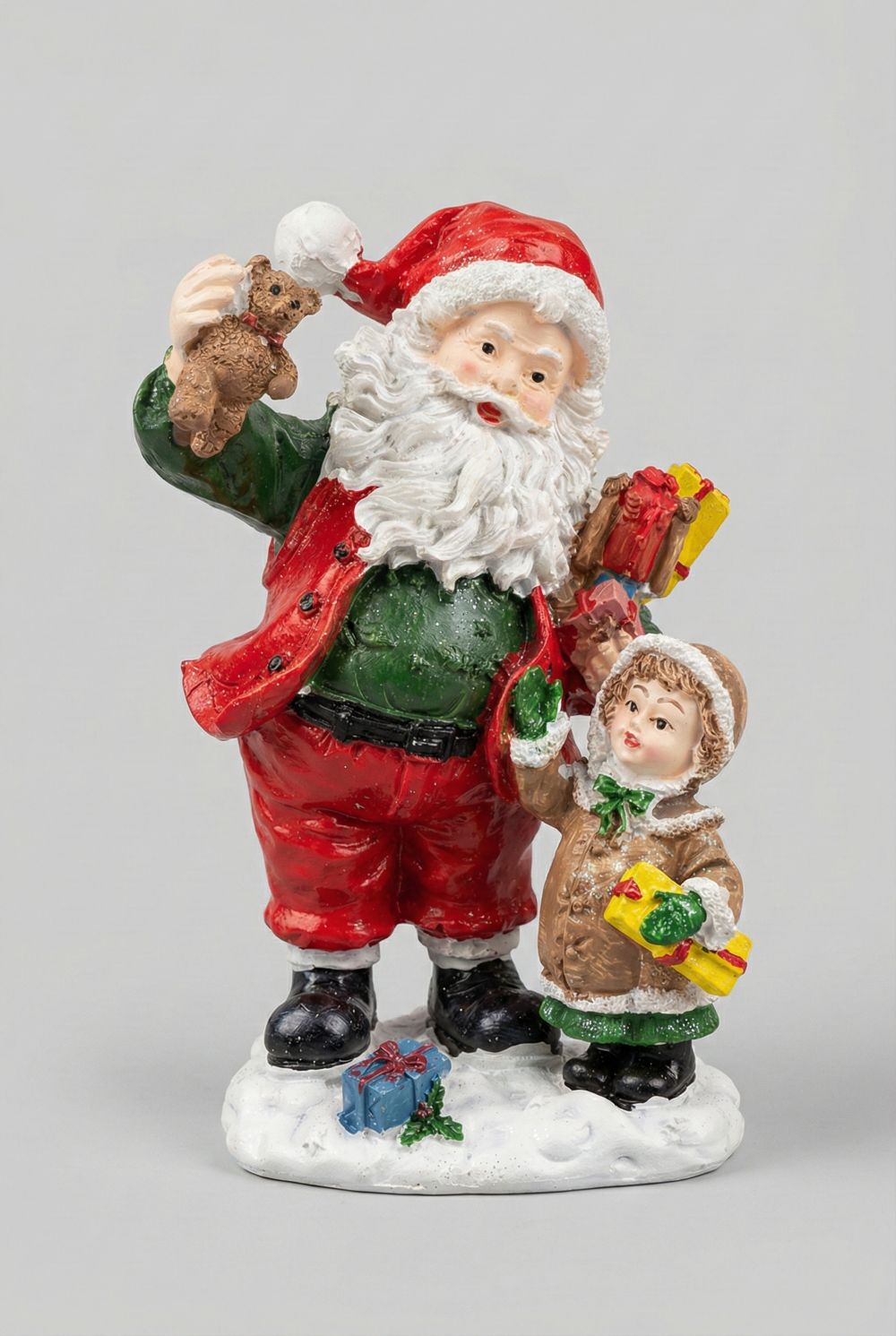 Figurine Père Noël avec enfant, décoration de Noël rouge blanc et vert, scène poétique et féérique, style shabby chic et décoration de charme, hauteur 14 cm