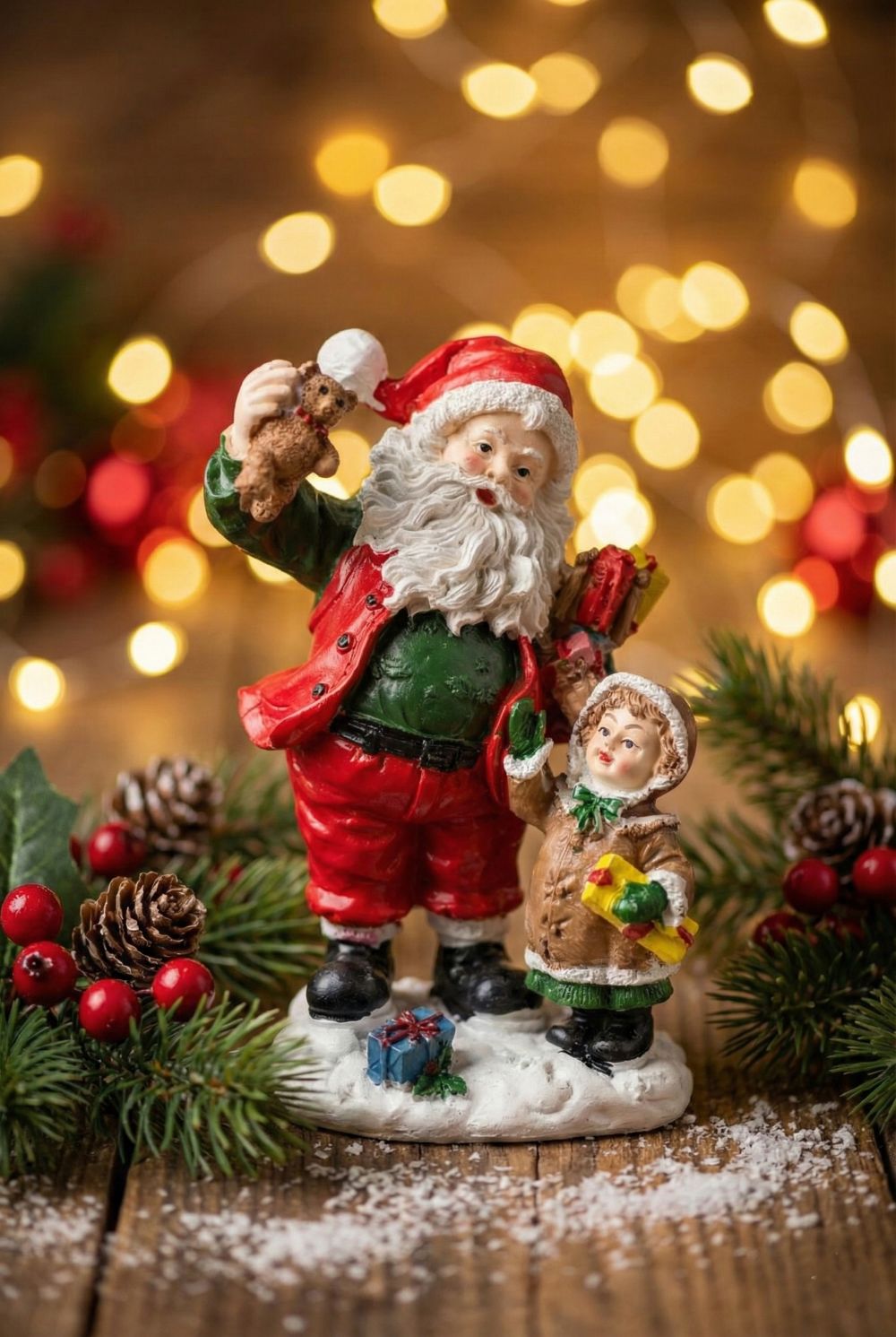Figurine Père Noël avec enfant, décoration de Noël rouge blanc et vert, scène poétique et féérique, style shabby chic et décoration de charme, hauteur 14 cm