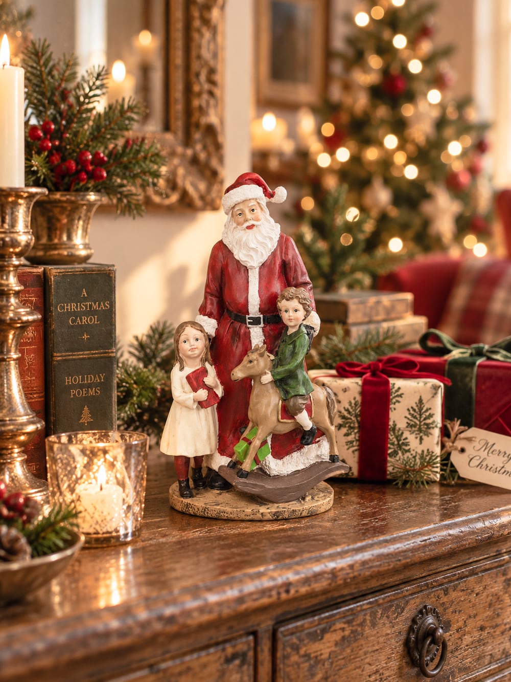 Figurine décorative de Noël représentant un Père Noël avec deux enfants, couleurs rouge blanc et vert, style romantique et féérique, hauteur 20 cm