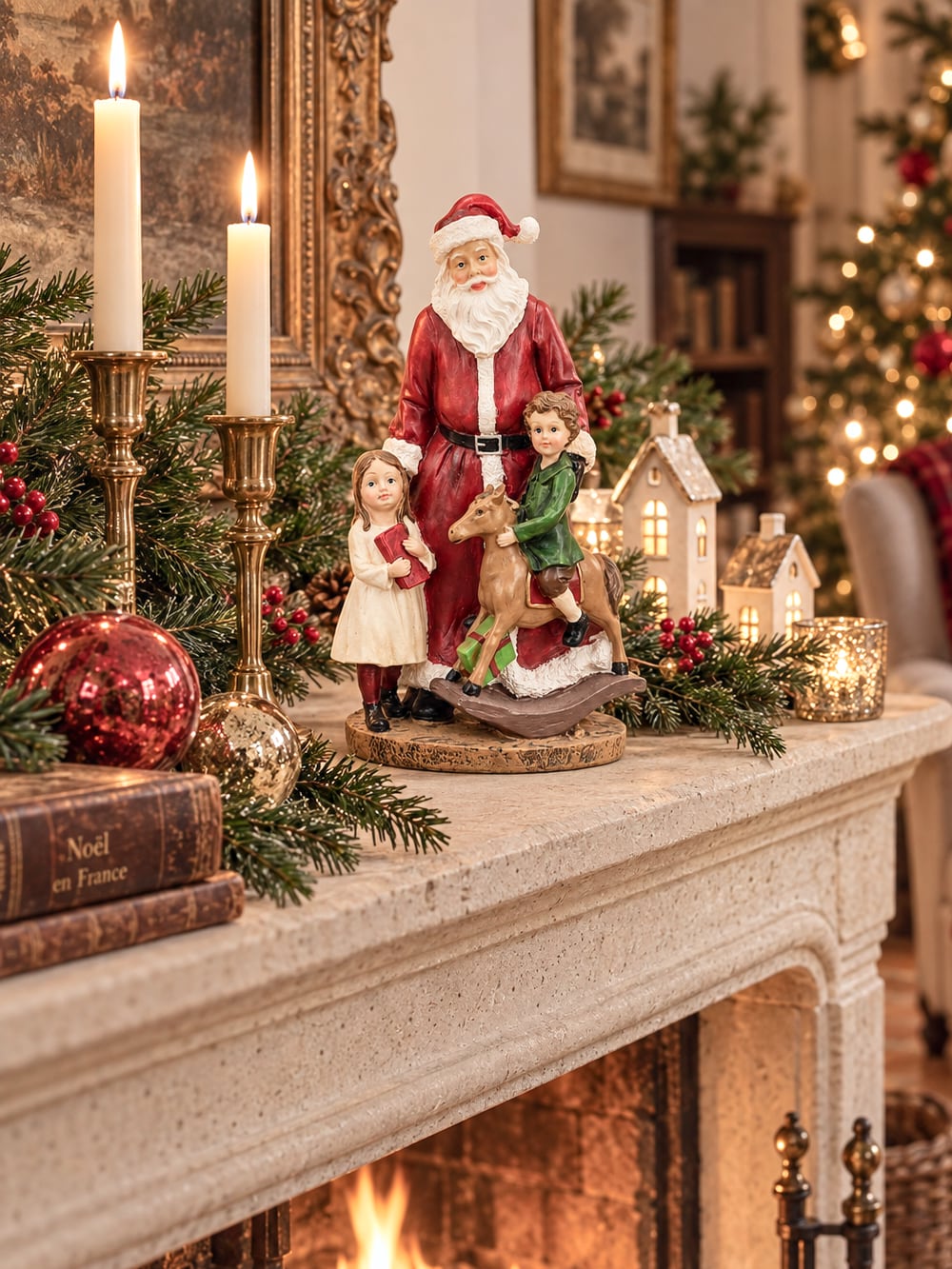 Figurine décorative de Noël représentant un Père Noël avec deux enfants, couleurs rouge blanc et vert, style romantique et féérique, hauteur 20 cm