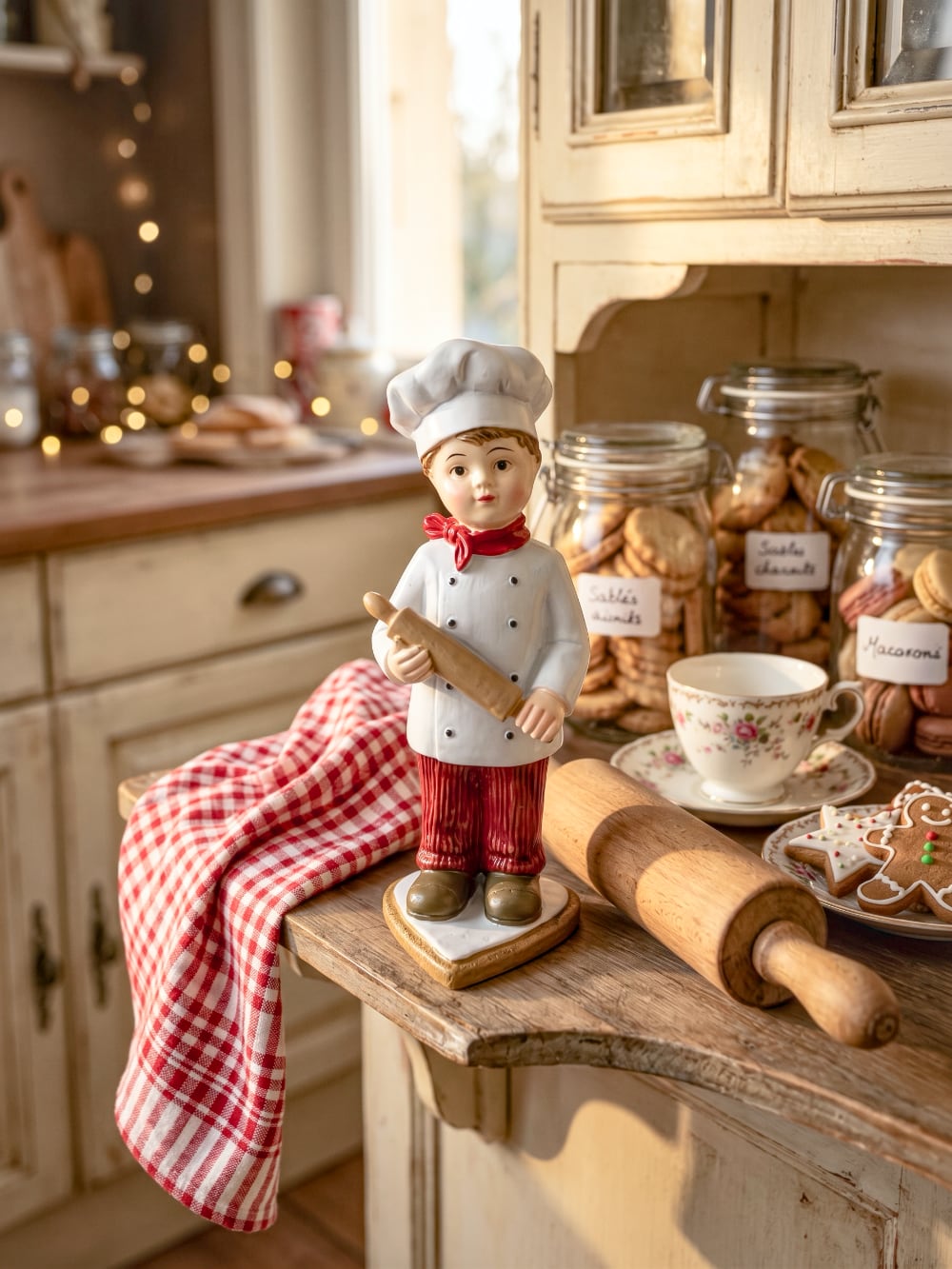 Figurine Petit Cuisinier de Noël blanc et rouge tenant un rouleau à pâtisserie, décoration rétro et gourmande pour la cuisine