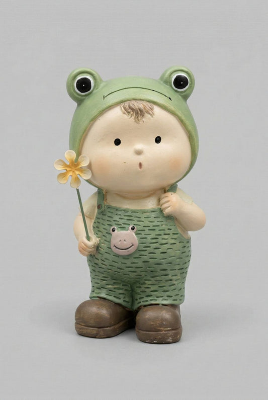 Figurine Petit Farfadet Grenouille vert sauge et beige 16,5 cm, décoration romantique et féérique pour intérieur shabby chic et maison de charme