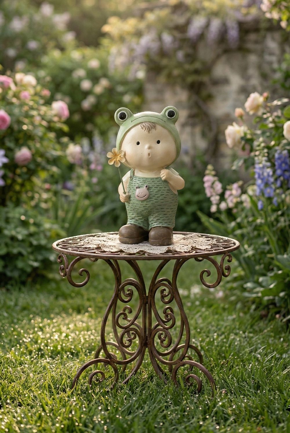 Figurine Petit Farfadet Grenouille vert sauge et beige 16,5 cm, décoration romantique et féérique pour intérieur shabby chic et maison de charme
