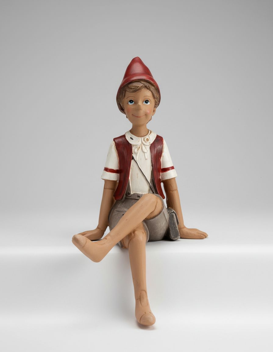 Figurine décorative Pinocchio assis contemplatif en rouge bordeaux, beige et blanc, pour décoration romantique, style shabby chic et ambiance poétique