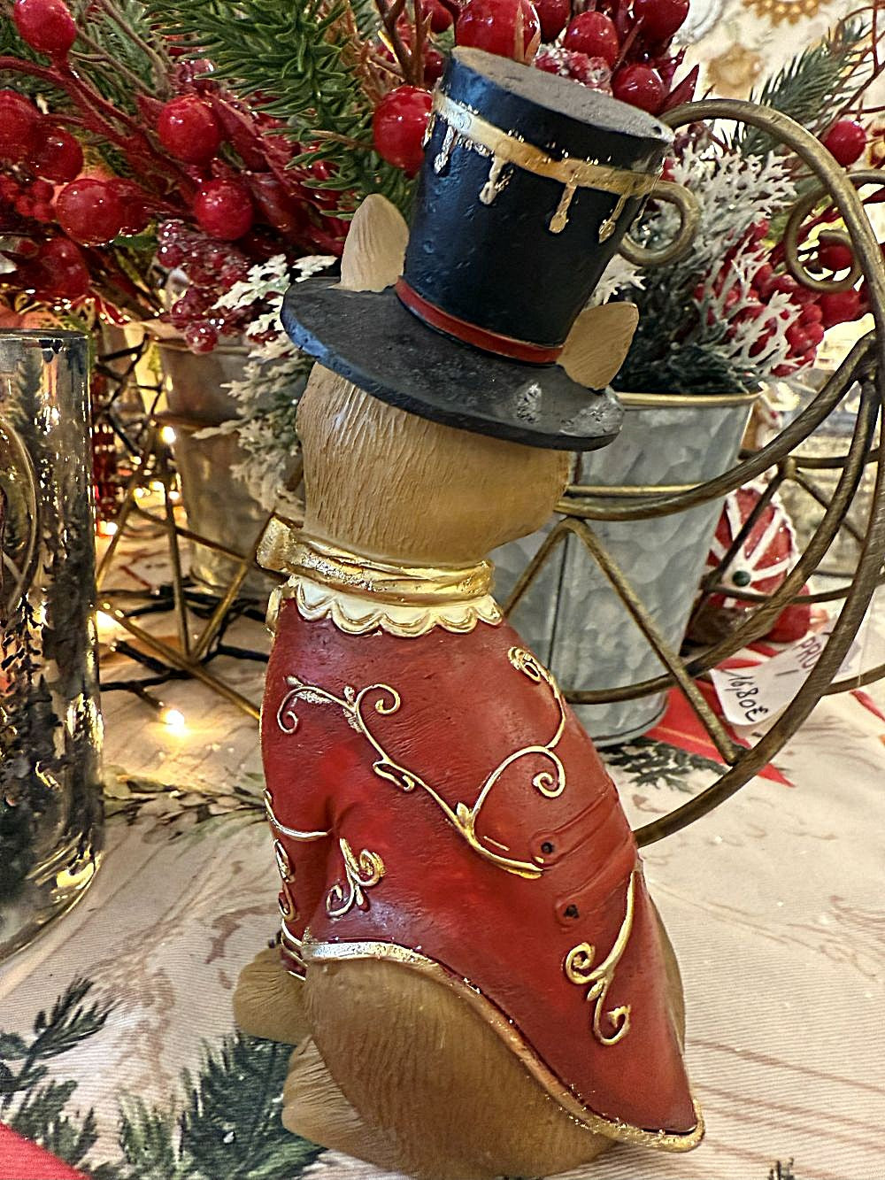 Figurine décorative de petit renard chapeauté 18 cm, en habit rouge et doré, style romantique et féérique, idéale pour une décoration shabby chic et de charme