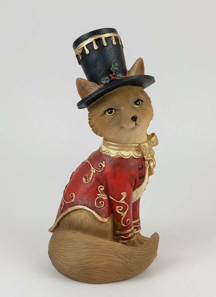 Figurine décorative de petit renard chapeauté 18 cm, en habit rouge et doré, style romantique et féérique, idéale pour une décoration shabby chic et de charme