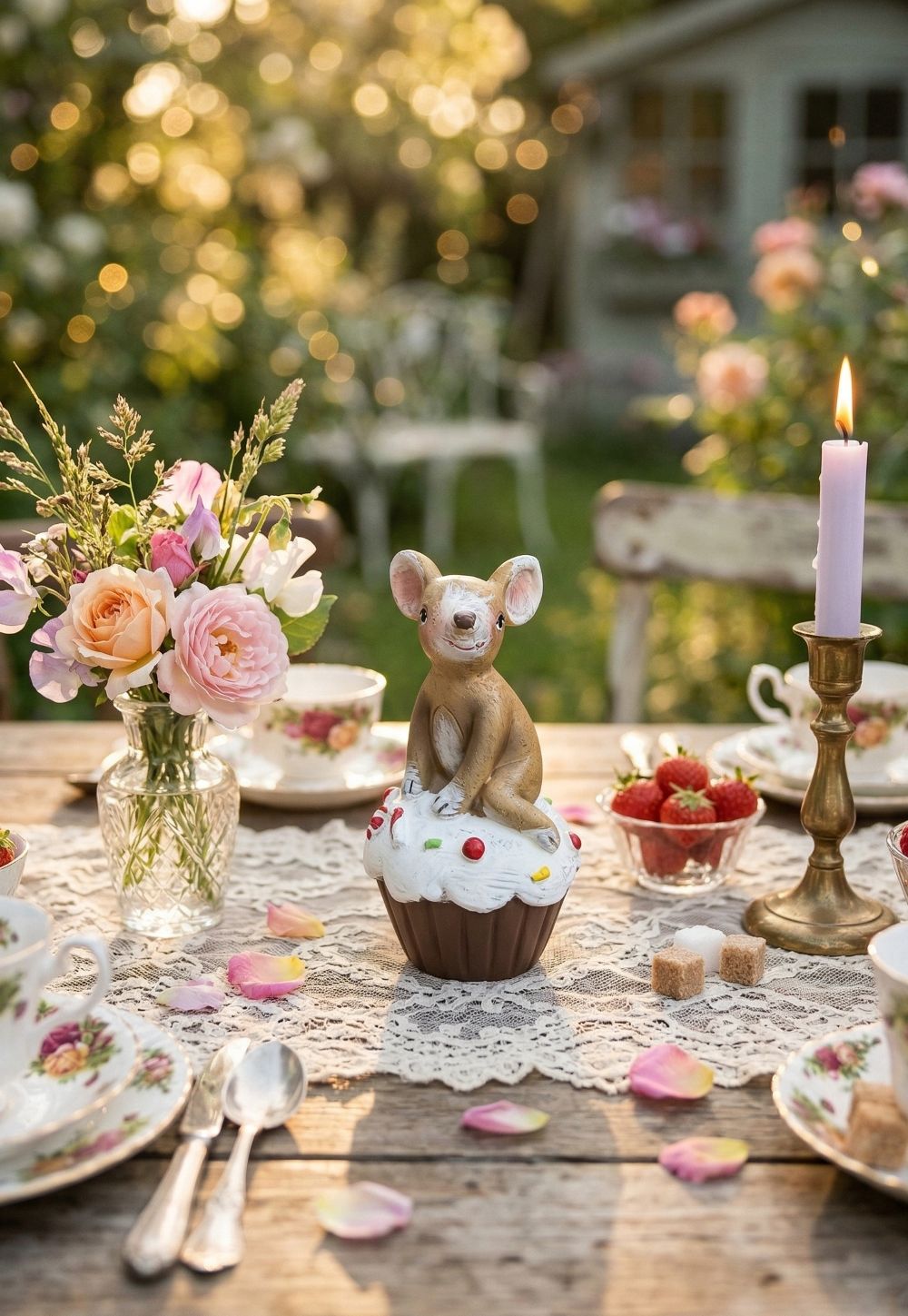 Figurine souris beige assise sur un cupcake blanc décoré, ambiance romantique shabby chic et décoration printanière pleine de charme